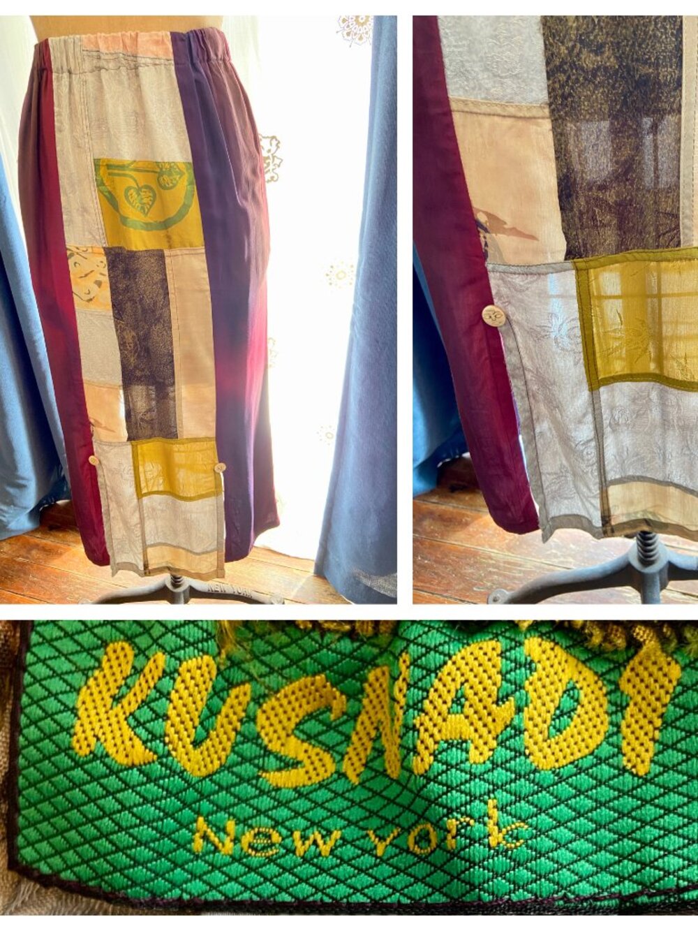 KUSNADI NEW YORK Skirt M Rayon Art To Wear Midi Boho Lagenlook Tribal Pull On